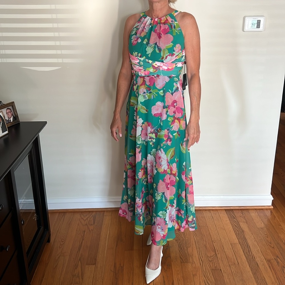 Adrianna Papell Pink and Green Floral Midi Dress